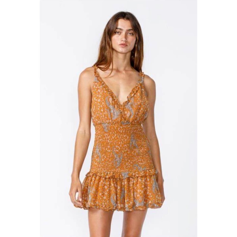 Madden Girl Gold and Blue Paisley Chiffon Smocked Mini Dress Size Small
